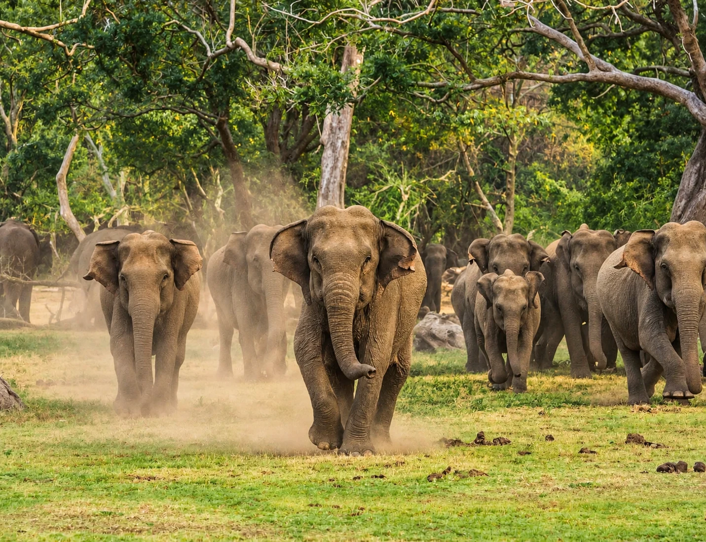 An elephant herd and calves at the forest edge in Udawalawe